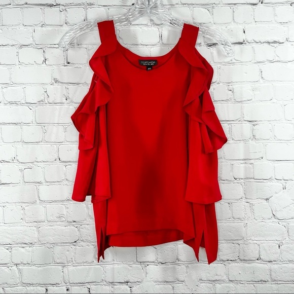 TopShop Cold Shoulder Top Ruffle Red 6 - Picture 8 of 13